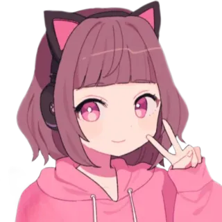 ☺️ Anime Mädchen, Katzenohren, süß, rosa, Friedenszeichen, kawaii telegram sticker