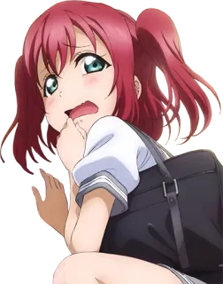 😣 Ruby Kurosawa Love Live! Sunshine!! anime, ragazza, divisa scolastica, capelli rossi, codini, carina, preoccupata whatsapp sticker