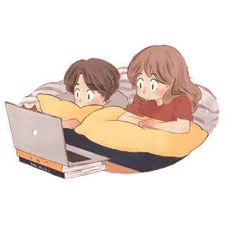 😳 pasangan, laptop, tempat tidur, menonton, nyaman, di dalam ruangan, kartun, cinta telegram sticker