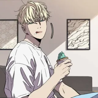 ⌚ Dibujo animado, Hombre, Comiendo, Postre, Pelo rubio, Ropa casual, Anime, Personaje whatsapp sticker