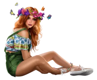 😇 mujer, flores, vestido, chica, corona de flores, pelirroja, sentada telegram sticker