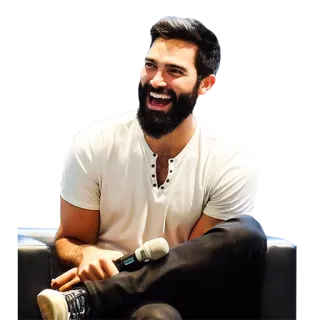 😀 uomo, barba, sorridente, microfono, seduto, intervista whatsapp sticker