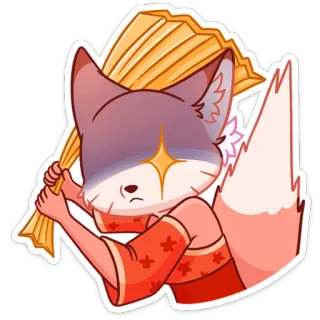 😔 лиса, кимоно, животное, веер, милый, мультфильм, персонаж telegram sticker