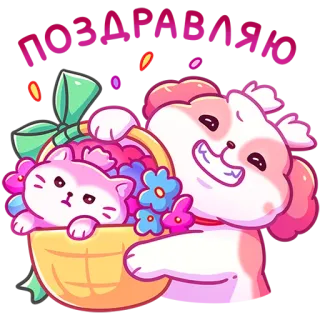 🥳 ПОЗДРАВЛЯЮ dog, cat, basket, flowers, celebration, cute, congratulations, animals telegram sticker