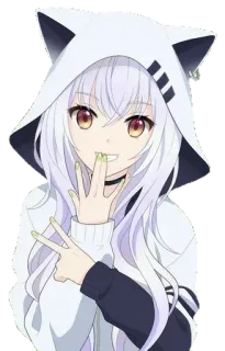 😋 anime, girl, cute, kawaii, cat ears, hoodie, peace sign telegram sticker