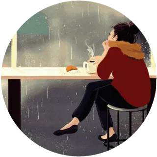 🌸 кофе, дождь, женщина, окно, задумчивая, в помещении, релаксация telegram sticker
