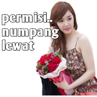 👣 permisi.. numpang lewat корейский, женщина, букет, платье в цветочек, роза whatsapp sticker
