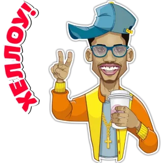 ✌️ ХЕЛЛОУ! homem, desenho animado, óculos, copo, chapéu, sinal de paz whatsapp sticker