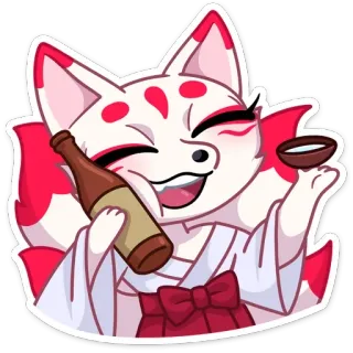 🍾 สุนัขจิ้งจอก, แอลกอฮอล์, สาเก, ดื่ม, การ์ตูน, น่ารัก, มีความสุข telegram sticker