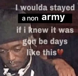 😔 I woulda stayed
a non army
if i knew it was
gon be days
like this 밈, 텍스트, 군대, 웃긴 telegram sticker