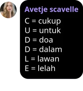 🌟 Avetje scavelle C = cukup U = untuk D = doa D = dalam L = lawan E = lelah whatsapp sticker