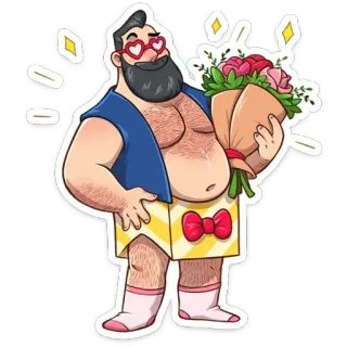 💐 мужчина, борода, очки, цветы, мультфильм, персонаж telegram sticker