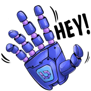 👋 HEY! Roboterhand, Winken, Hallo, Grüßung, Cartoon, Freundlich, Hi, Lila whatsapp sticker