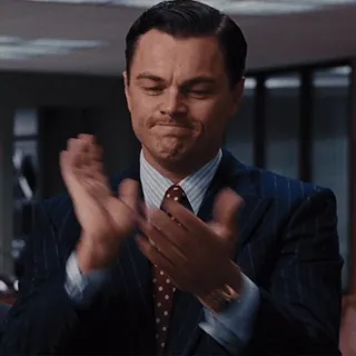 👏 Jordan Belfort The Wolf of Wall Street Tepuk tangan, Bertepuk tangan, Leonardo DiCaprio, The Wolf of Wall Street, Sarkastik, Mengejek, Adegan film whatsapp sticker