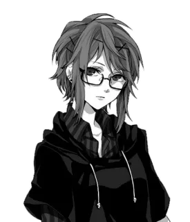 🤓 anime girl, glasses, hoodie, short hair, black and white, earrings whatsapp sticker