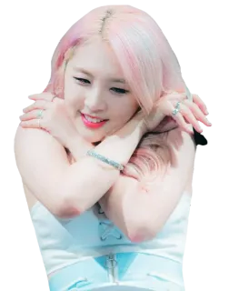 🙅‍♀ mulher, garota, coreana, idol, cabelo rosa, sorriso, retrato whatsapp sticker