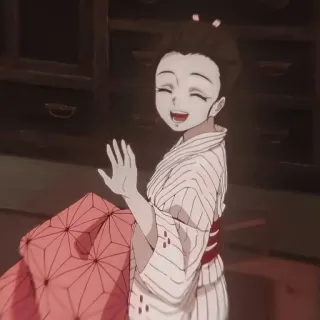 🌺 Nezuko Kamado Demon Slayer アニメ, キャラクター, 笑顔, 手を振る, 着物 telegram sticker