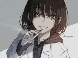 🚬 Anime, Ragazza, Fumo, Sigaretta, Capelli scuri, Illustrazione telegram sticker