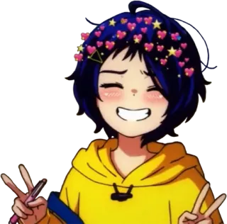 ✌️ Anime Mädchen, Friedenszeichen, Blumenkranz, Süß, Lächelnd, Cartoon telegram sticker