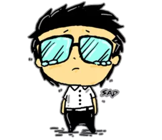 😐 SAD triste, chorando, desenho animado, óculos, menino, emoção whatsapp sticker