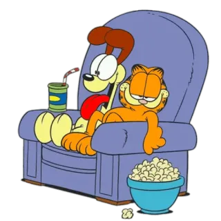 🎬 Garfield cat, dog, cartoon, orange, chair, popcorn, tv, friends whatsapp sticker