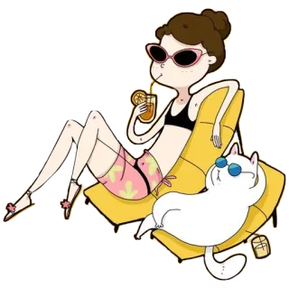 😌 Banho de sol, Óculos de sol, Relaxamento, Desenho animado, Verão, Mulher, Gato whatsapp sticker