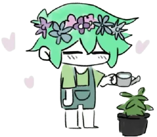 🥰 Basil Omori Kreskówka, Anime, Słodkie, Wianek, Podlewanie rośliny, Grafika cyfrowa telegram sticker