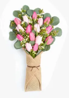 🌸 tulipany, kwiaty, bukiet, różowe kwiaty, kompozycja kwiatowa, eukaliptus, prezent, święto telegram sticker