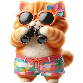 👀 mèo, kính râm, ống nhòm, quần soóc, mùa hè, kỳ nghỉ, hoa telegram sticker
