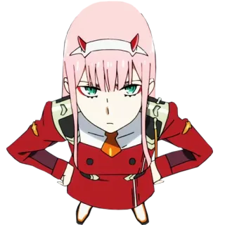 😒 Zero Two Darling in the Franxx anime, girl, pink hair, horns telegram sticker