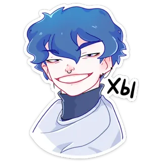 😁 ХЫ personagem, sorriso irônico, cabelo azul, desenho animado, adesivo whatsapp sticker