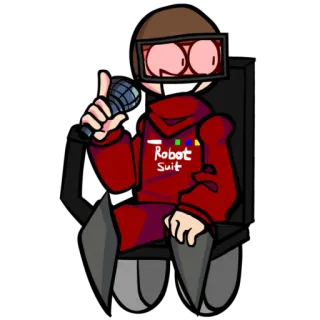 🆗 Robot Suit character, cartoon, red, microphone, sitting telegram sticker