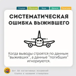 🍟 Социум Обучение Bepa Деньги Политика
СИСТЕМАТИЧЕСКАЯ
ОШИБКА ВЫЖИВШЕГО
Когда выводы строятся по данным
"выживших", а данные "погибших"
игнориуются.
Бот 50 когнитивных искажений
Ссылка в названии стикерпака bias kognitif, bias kelangsungan hidup, pesawat, psikologi, pendidikan telegram sticker