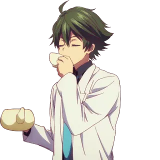 ☕️ anime, boy, green hair, tea, drinking, kawaii, cute telegram sticker