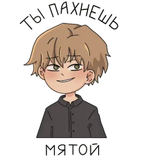😊 ты пахнешь мятой 动漫风格, 男孩, 肖像, 坏笑, 俄语文字 telegram sticker