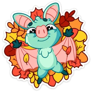 🍂 con dơi, hoạt hình, dễ thương, động vật, mùa thu, lá cây, halloween, nhãn dán telegram sticker