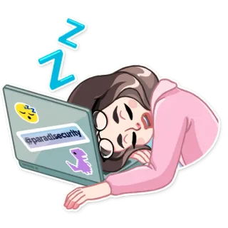 😴 @paradisesecurity dormire, stanco, laptop, cartone animato, donna, esausto telegram sticker