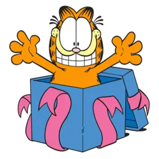🎁 Garfield cat, cartoon, gift, happy, orange whatsapp sticker