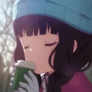 💕 anime, girl, coffee, winter, cute, beanie, drinking telegram sticker