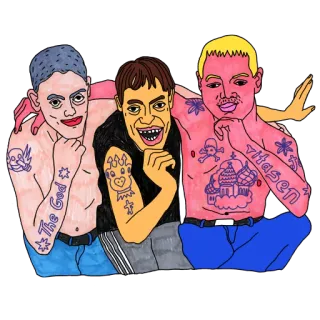 😃 The God Dibujo animado, Dibujo, Grupo de personas, Tatuaje, Sin camisa, Hombres telegram sticker