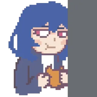 😕 pixel art, anime, blue hair, red eyes, food, character telegram sticker