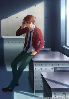 🙃 Ayanokoji Kiyotaka Classroom of the Elite アニメ, よう実, 綾小路清隆, 赤いジャケット, ネクタイ, 学校, 屋内 telegram sticker