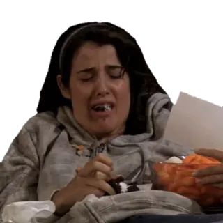 😭 piangere, triste, mangiare, donna, programma tv telegram sticker