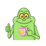 👍 personnage vert, dessin animé, sourire, café, pouce levé telegram sticker
