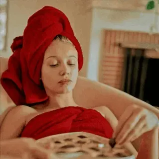 🌿 woman, red towel, chocolate, relaxing, spa telegram sticker
