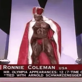 👑 Ronnie Coleman RONNIE COLEMAN USA
MR. OLYMPIA APPEARANCES: 12 (7-TIME C
*TIED WITH ARNOLD SCHWARZENEGGER bodybuilding, fitness, muscle, athlete, champion, Olympia, weightlifting telegram sticker