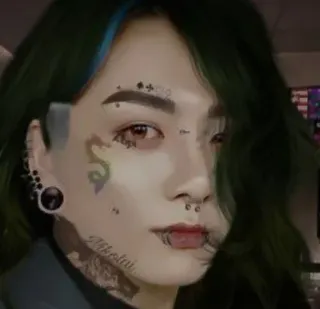 👽 persona, hombre, tatuaje facial, retrato, pelo verde telegram sticker