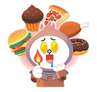 😛 nourriture, lapin, dessin animé, burger, pizza, donut, cupcake, affamé whatsapp sticker
