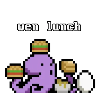 🍜 wen lunch อาหารกลางวัน, อาหาร, พิกเซลอาร์ต, สิ่งมีชีวิตสีม่วง, อารมณ์ขัน, รอ, หิว telegram sticker