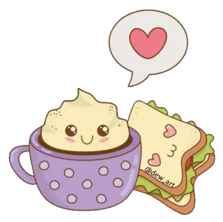 🍞 @dew_art 귀여운, 귀엽다, 커피, 샌드위치, 하트, 만화 telegram sticker